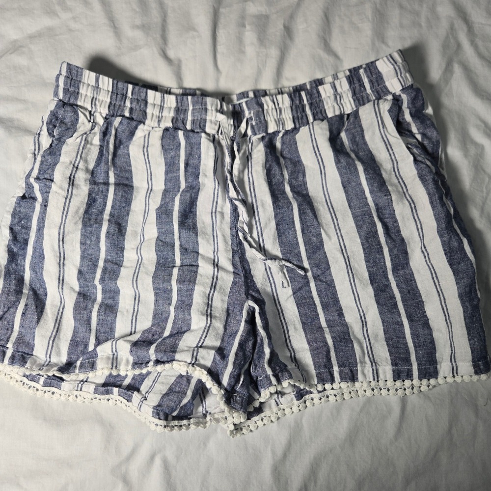 Crown & Ivy Shorts Womens Blue White Striped Linen Pom Pom Trim Shorts Size M